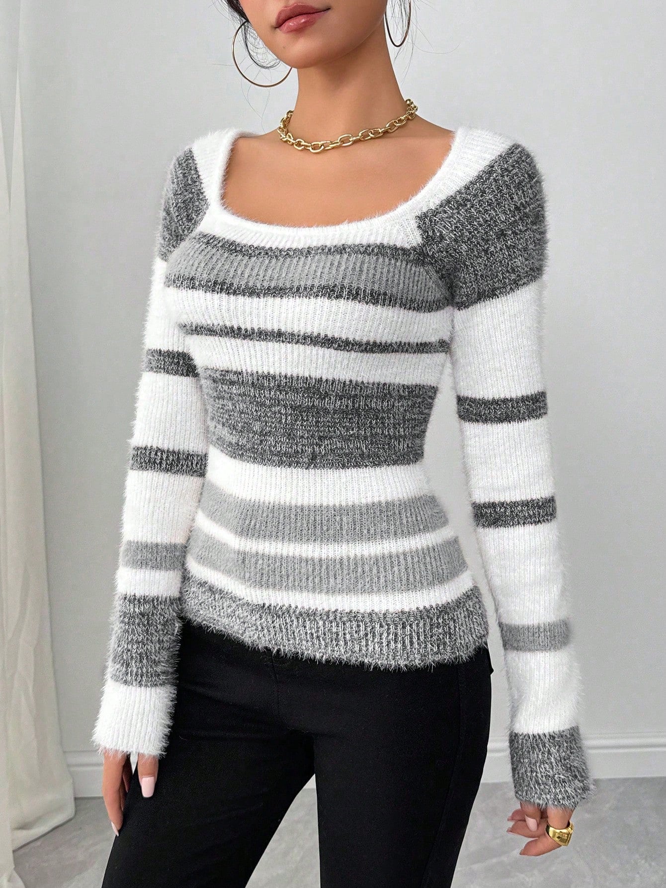 Chiquease Women Striped Minimalist Pullover Sweater, Casual Daily Wear,Long Sleeve Tops Knit Pullover Fall Winter Outfit