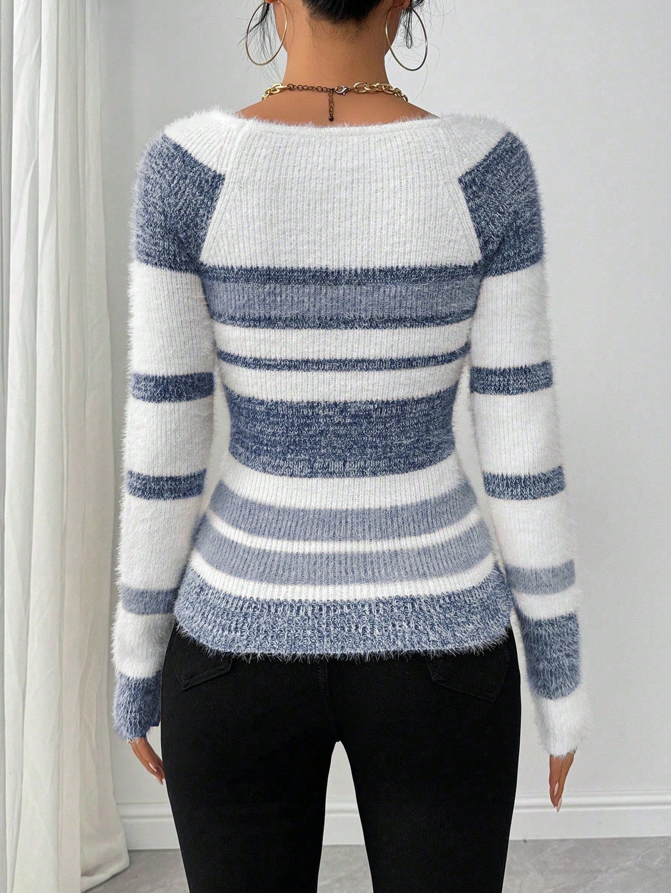 Chiquease Women Striped Minimalist Pullover Sweater, Casual Daily Wear,Long Sleeve Tops Knit Pullover Fall Winter Outfit