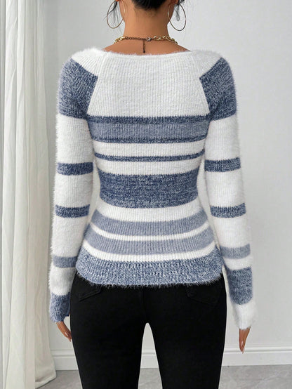 Chiquease Women Striped Minimalist Pullover Sweater, Casual Daily Wear,Long Sleeve Tops Knit Pullover Fall Winter Outfit