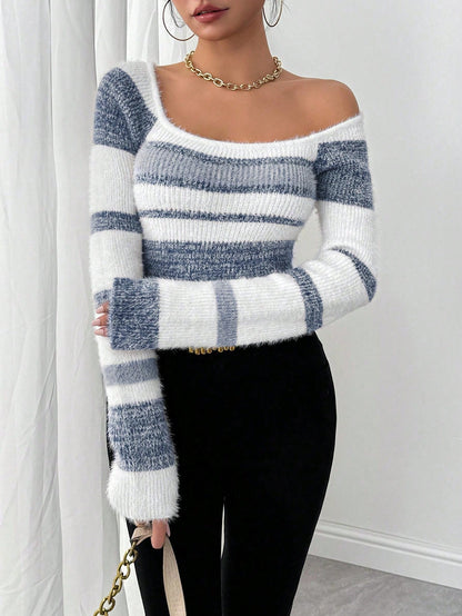 Chiquease Women Striped Minimalist Pullover Sweater, Casual Daily Wear,Long Sleeve Tops Knit Pullover Fall Winter Outfit