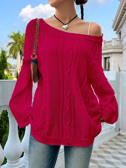 Flirla Casual Minimalist Solid Color Dropped Shoulder Loose Knit Sweater, Autumn/Winter Knit Pullover Fall Outfit