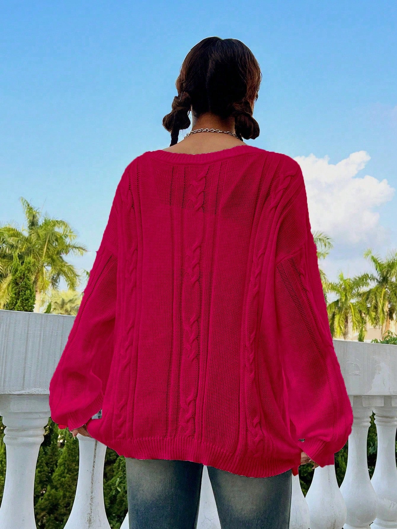 Flirla Casual Minimalist Solid Color Dropped Shoulder Loose Knit Sweater, Autumn/Winter Knit Pullover Fall Outfit