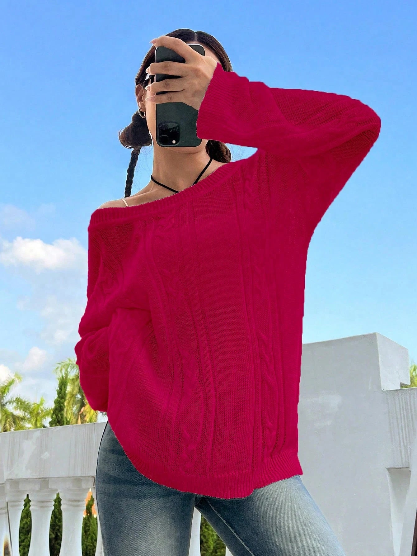 Flirla Casual Minimalist Solid Color Dropped Shoulder Loose Knit Sweater, Autumn/Winter Knit Pullover Fall Outfit