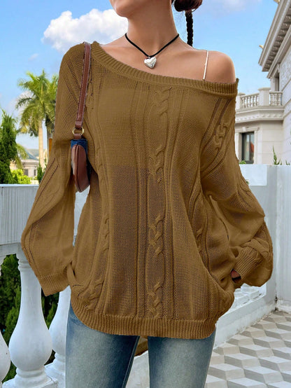 Flirla Casual Minimalist Solid Color Dropped Shoulder Loose Knit Sweater, Autumn/Winter Knit Pullover Fall Outfit