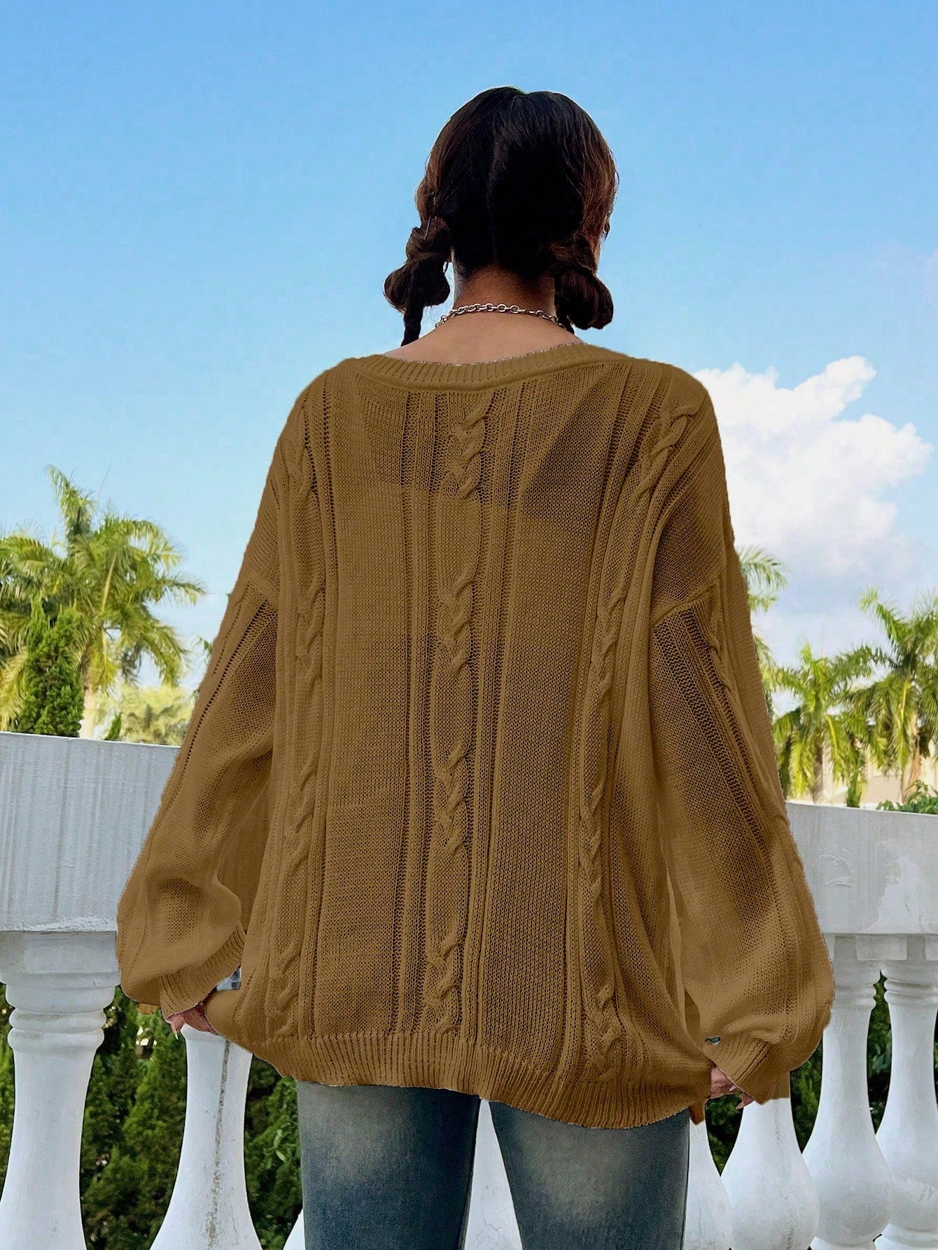 Flirla Casual Minimalist Solid Color Dropped Shoulder Loose Knit Sweater, Autumn/Winter Knit Pullover Fall Outfit