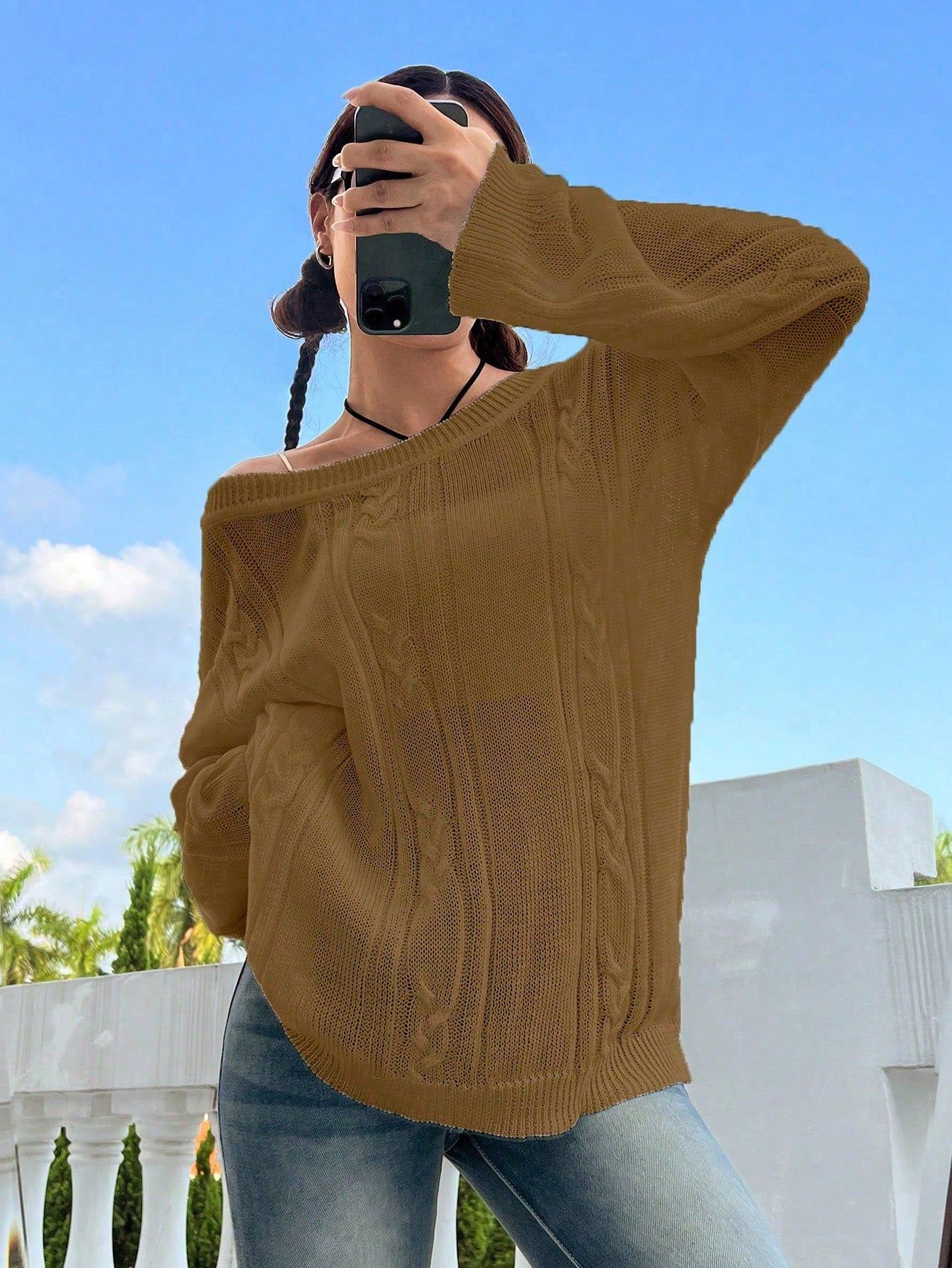 Flirla Casual Minimalist Solid Color Dropped Shoulder Loose Knit Sweater, Autumn/Winter Knit Pullover Fall Outfit