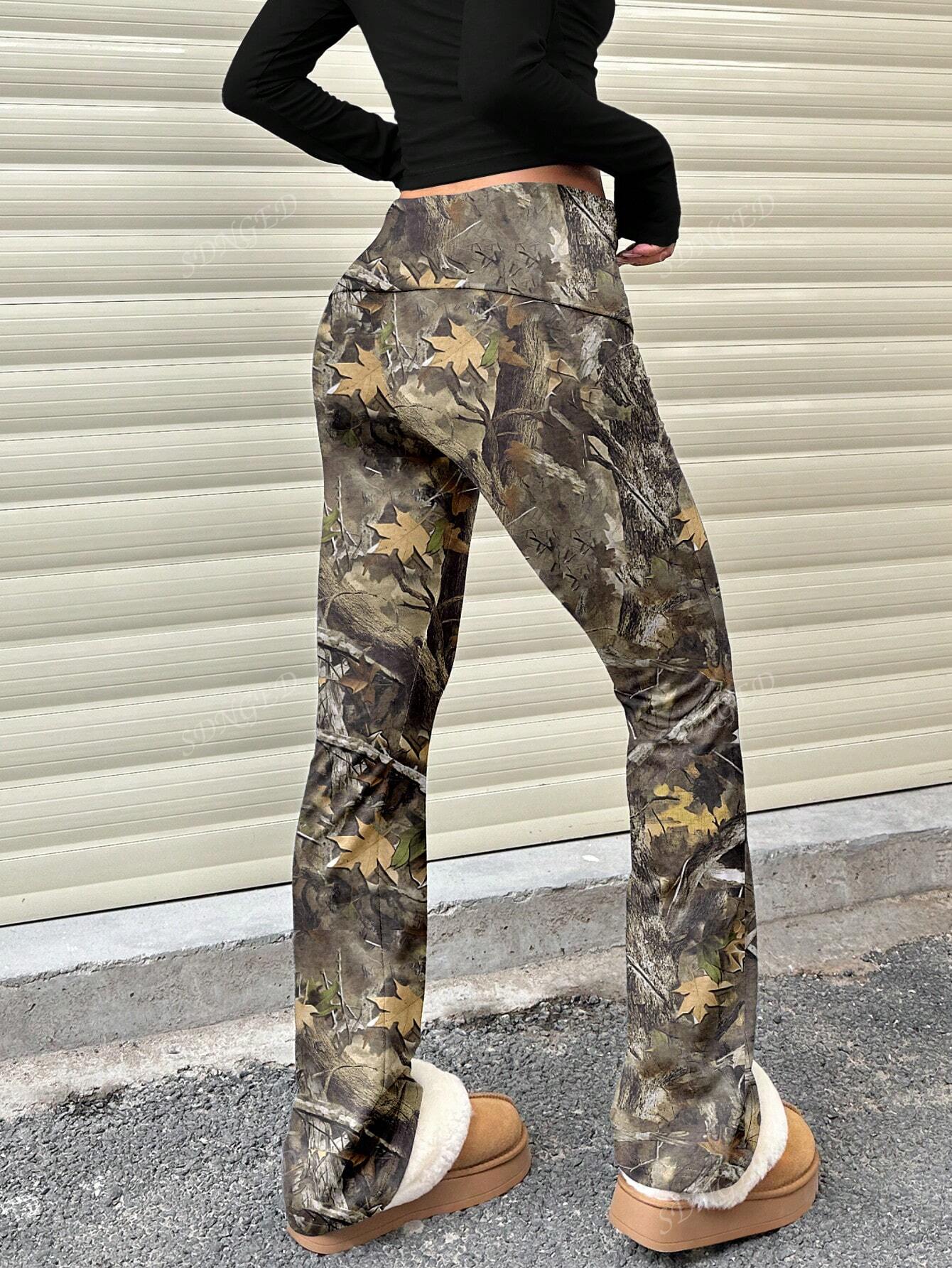 Women's Casual Solid Color Wide-Waist Flare Pants, Leggings Fold-Over Waist High Waist Ruched Slim Fit