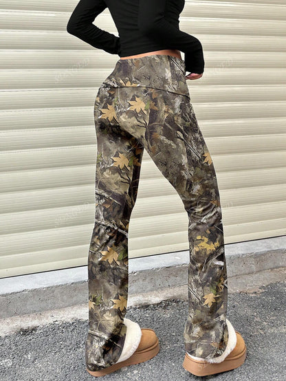 Women's Casual Solid Color Wide-Waist Flare Pants, Leggings Fold-Over Waist High Waist Ruched Slim Fit