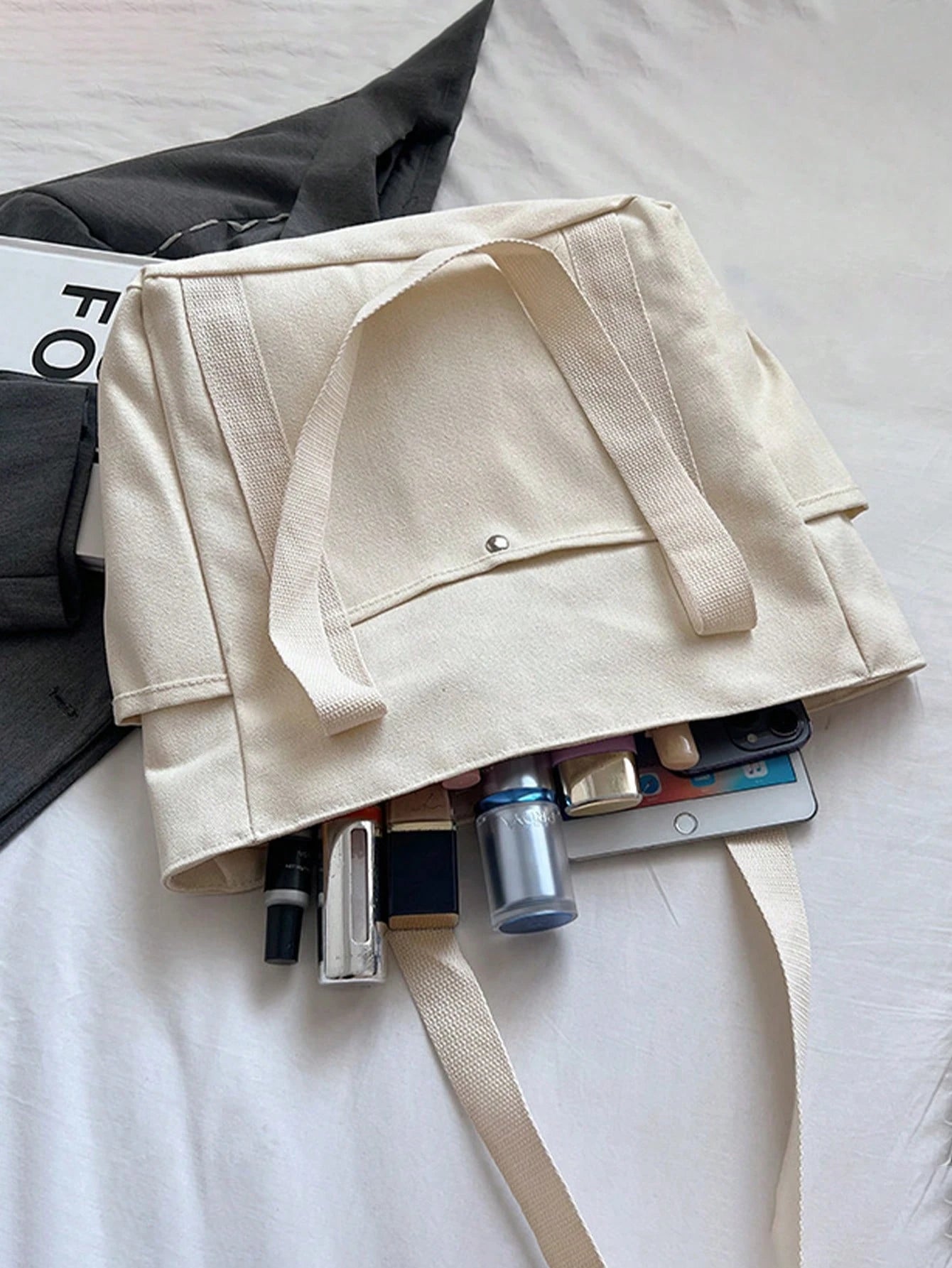 SHEIN X Milania Multi Pocket Tote Bag For Women Canvas Bag With Handle Bag Large Capacity Purse Reusable Handbag, Canvas Tote Bag, Perfect For Daily Use And Travel, Tote Bags For Students, Multiple Compartments, Perfect For Beach