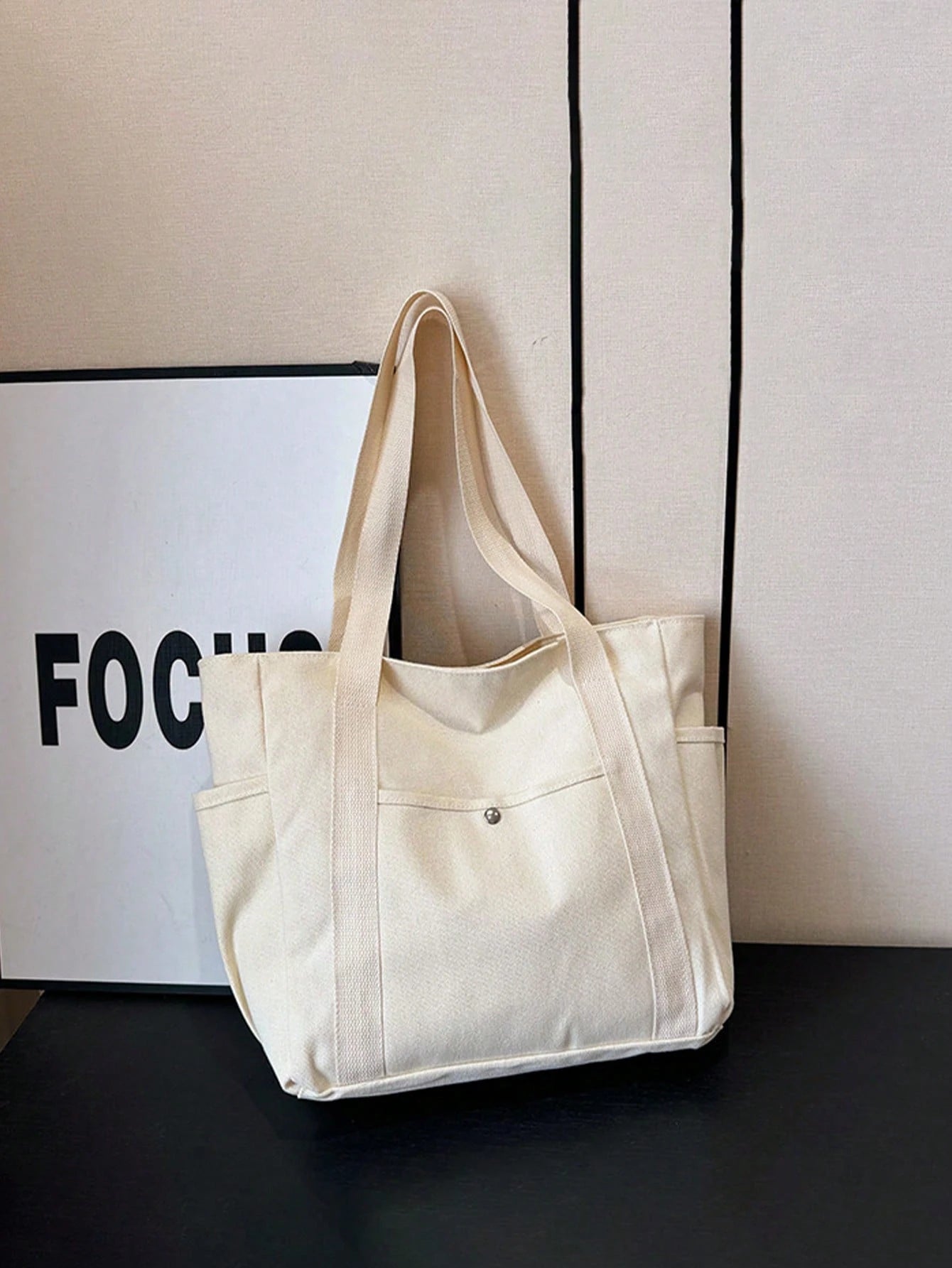 SHEIN X Milania Multi Pocket Tote Bag For Women Canvas Bag With Handle Bag Large Capacity Purse Reusable Handbag, Canvas Tote Bag, Perfect For Daily Use And Travel, Tote Bags For Students, Multiple Compartments, Perfect For Beach