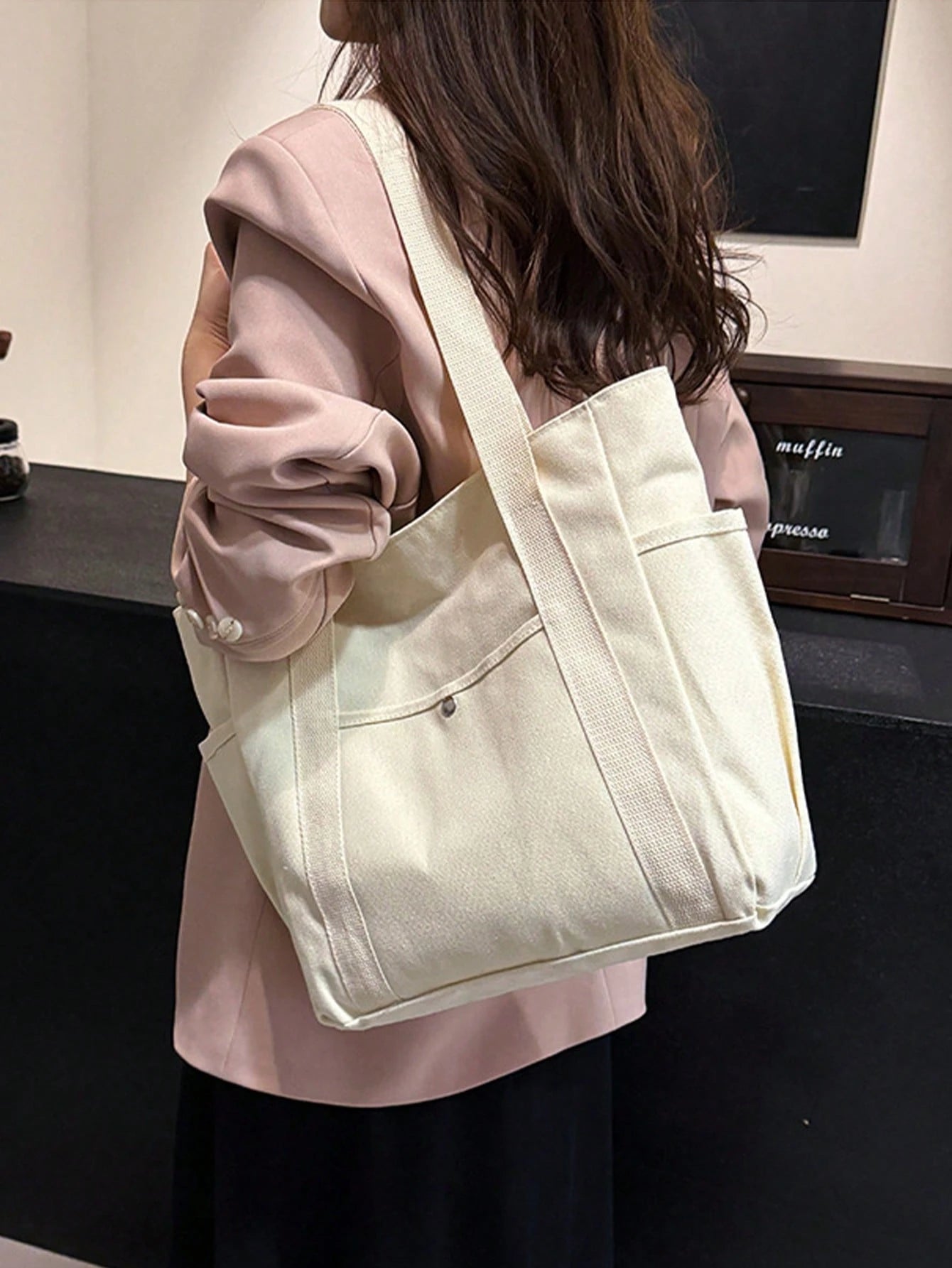 SHEIN X Milania Multi Pocket Tote Bag For Women Canvas Bag With Handle Bag Large Capacity Purse Reusable Handbag, Canvas Tote Bag, Perfect For Daily Use And Travel, Tote Bags For Students, Multiple Compartments, Perfect For Beach