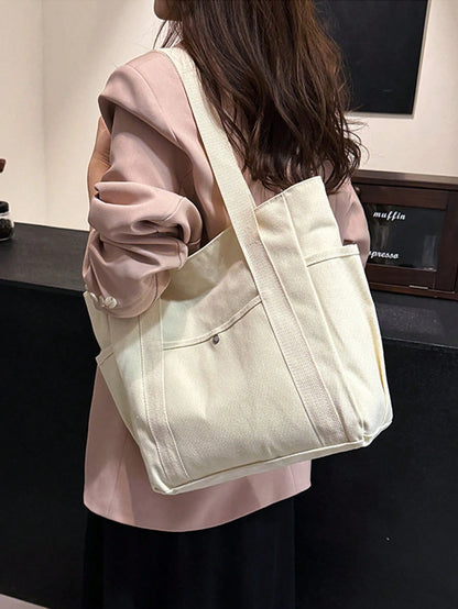 SHEIN X Milania Multi Pocket Tote Bag For Women Canvas Bag With Handle Bag Large Capacity Purse Reusable Handbag, Canvas Tote Bag, Perfect For Daily Use And Travel, Tote Bags For Students, Multiple Compartments, Perfect For Beach