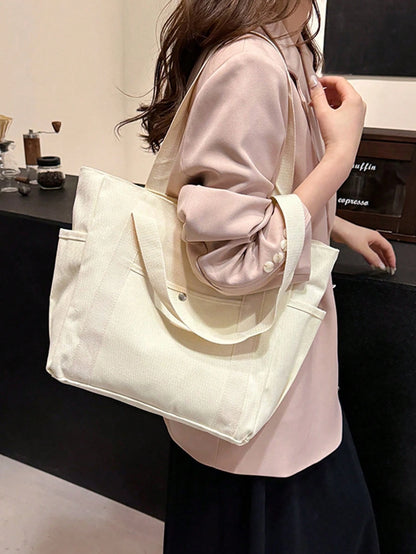 SHEIN X Milania Multi Pocket Tote Bag For Women Canvas Bag With Handle Bag Large Capacity Purse Reusable Handbag, Canvas Tote Bag, Perfect For Daily Use And Travel, Tote Bags For Students, Multiple Compartments, Perfect For Beach