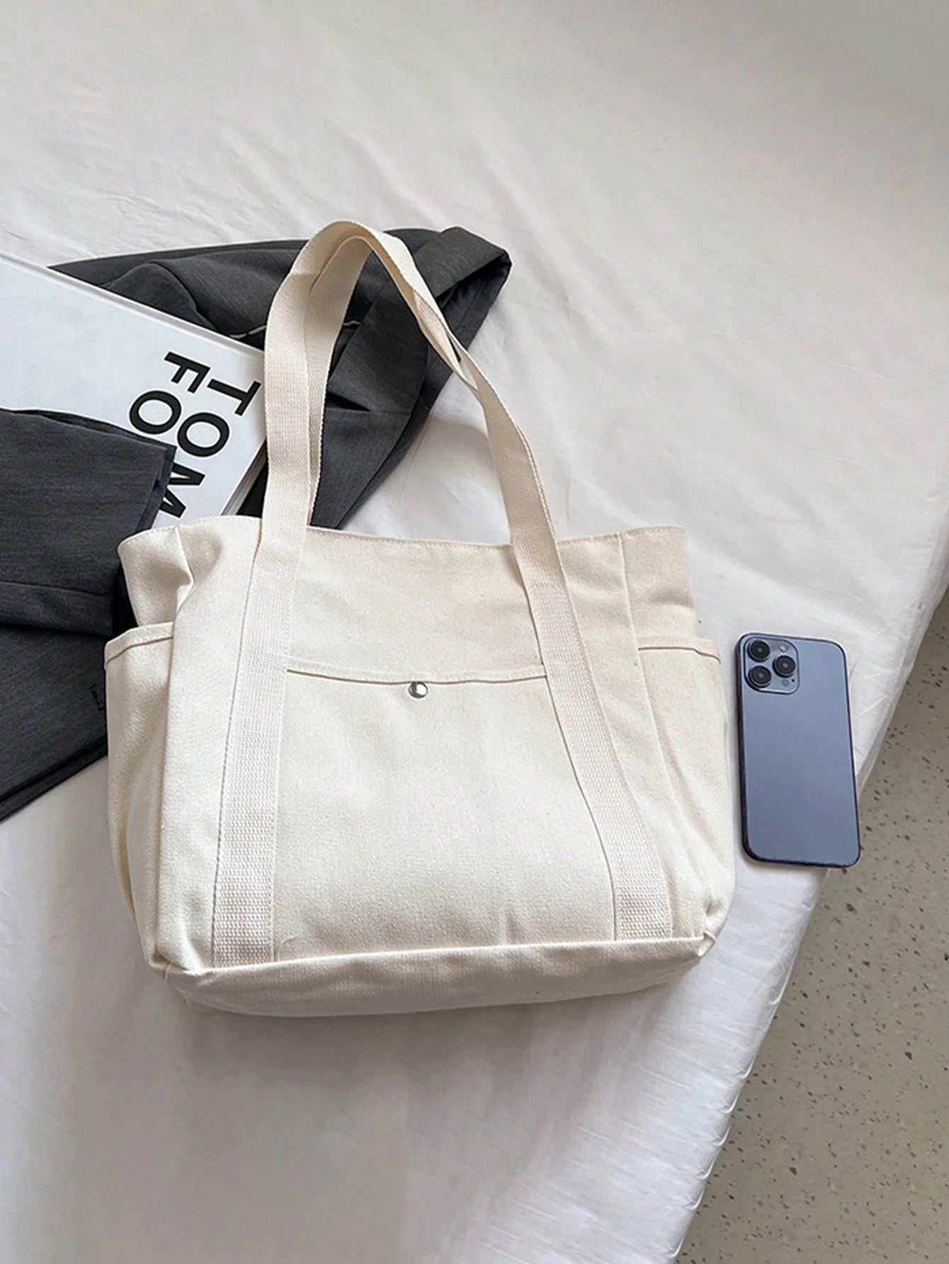 SHEIN X Milania Multi Pocket Tote Bag For Women Canvas Bag With Handle Bag Large Capacity Purse Reusable Handbag, Canvas Tote Bag, Perfect For Daily Use And Travel, Tote Bags For Students, Multiple Compartments, Perfect For Beach