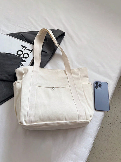 SHEIN X Milania Multi Pocket Tote Bag For Women Canvas Bag With Handle Bag Large Capacity Purse Reusable Handbag, Canvas Tote Bag, Perfect For Daily Use And Travel, Tote Bags For Students, Multiple Compartments, Perfect For Beach