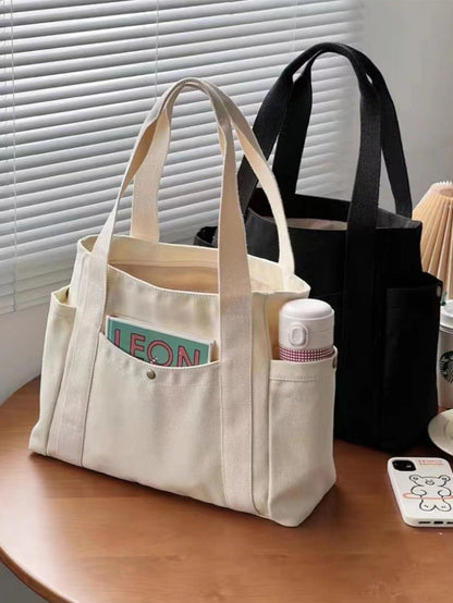 SHEIN X Milania Multi Pocket Tote Bag For Women Canvas Bag With Handle Bag Large Capacity Purse Reusable Handbag, Canvas Tote Bag, Perfect For Daily Use And Travel, Tote Bags For Students, Multiple Compartments, Perfect For Beach