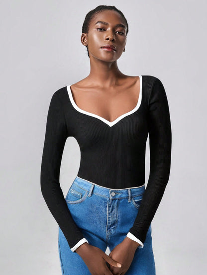 RosyDaze Contrast Binding Sweetheart Neck Ribbed Knit Sweater,Long Sleeve Tops Knit Pullover Fall Winter Outfit