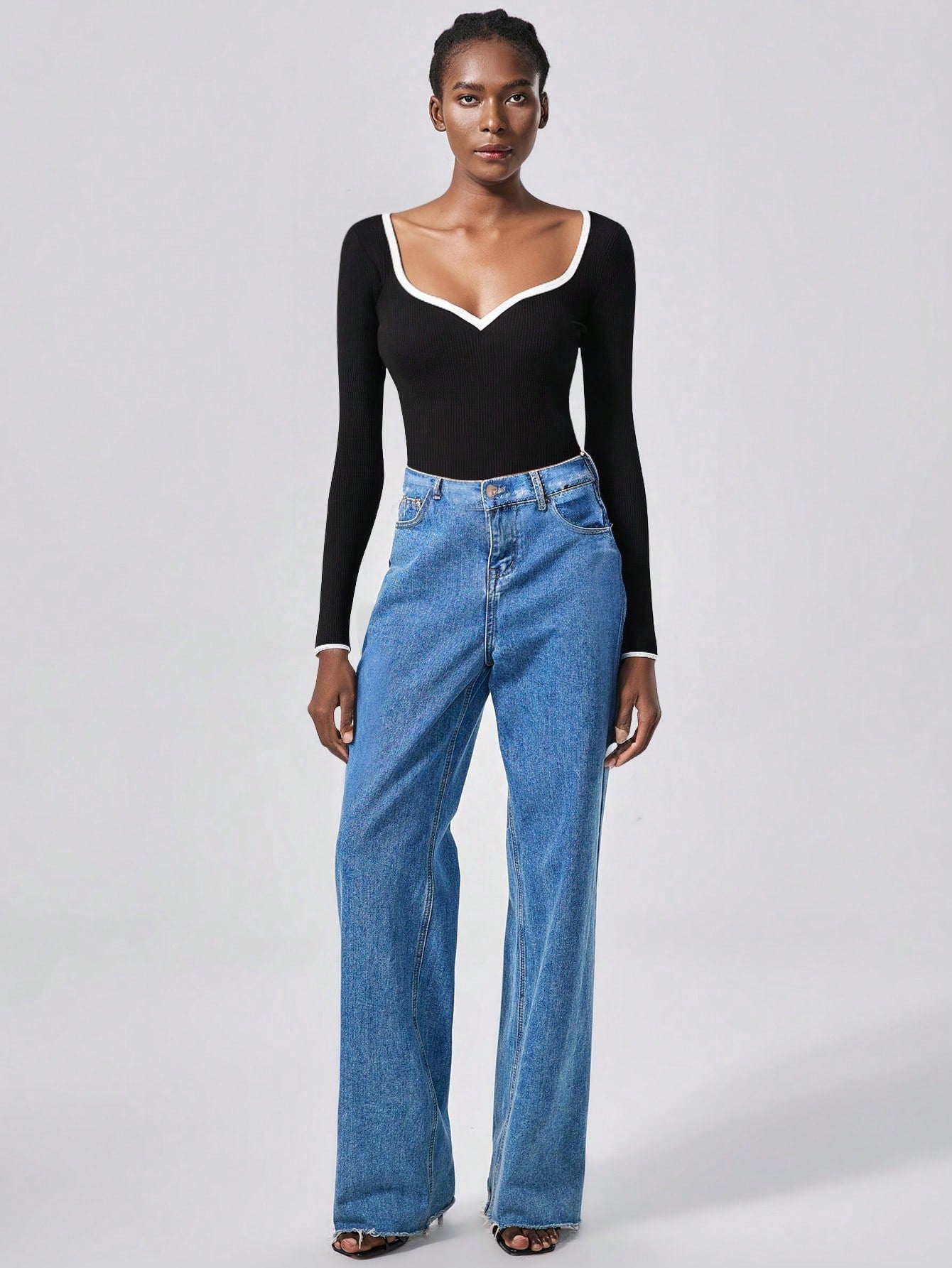 RosyDaze Contrast Binding Sweetheart Neck Ribbed Knit Sweater,Long Sleeve Tops Knit Pullover Fall Winter Outfit