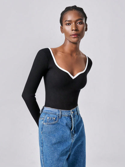 RosyDaze Contrast Binding Sweetheart Neck Ribbed Knit Sweater,Long Sleeve Tops Knit Pullover Fall Winter Outfit