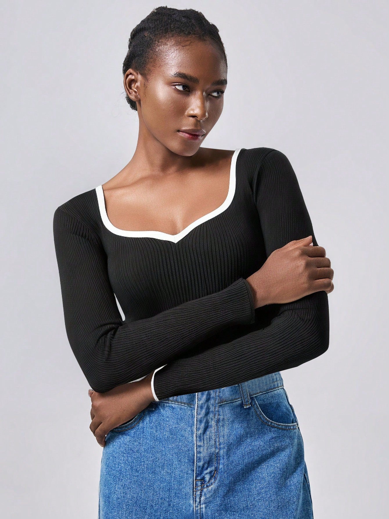 RosyDaze Contrast Binding Sweetheart Neck Ribbed Knit Sweater,Long Sleeve Tops Knit Pullover Fall Winter Outfit