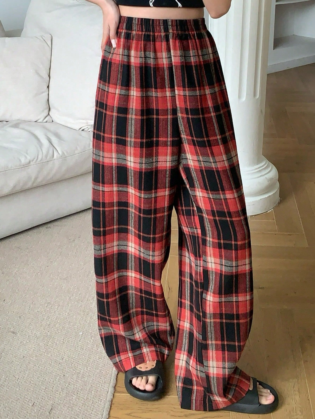 Livesso Plaid Elastic Waist Casual Loose Comfortable Homewear Pants, Fall