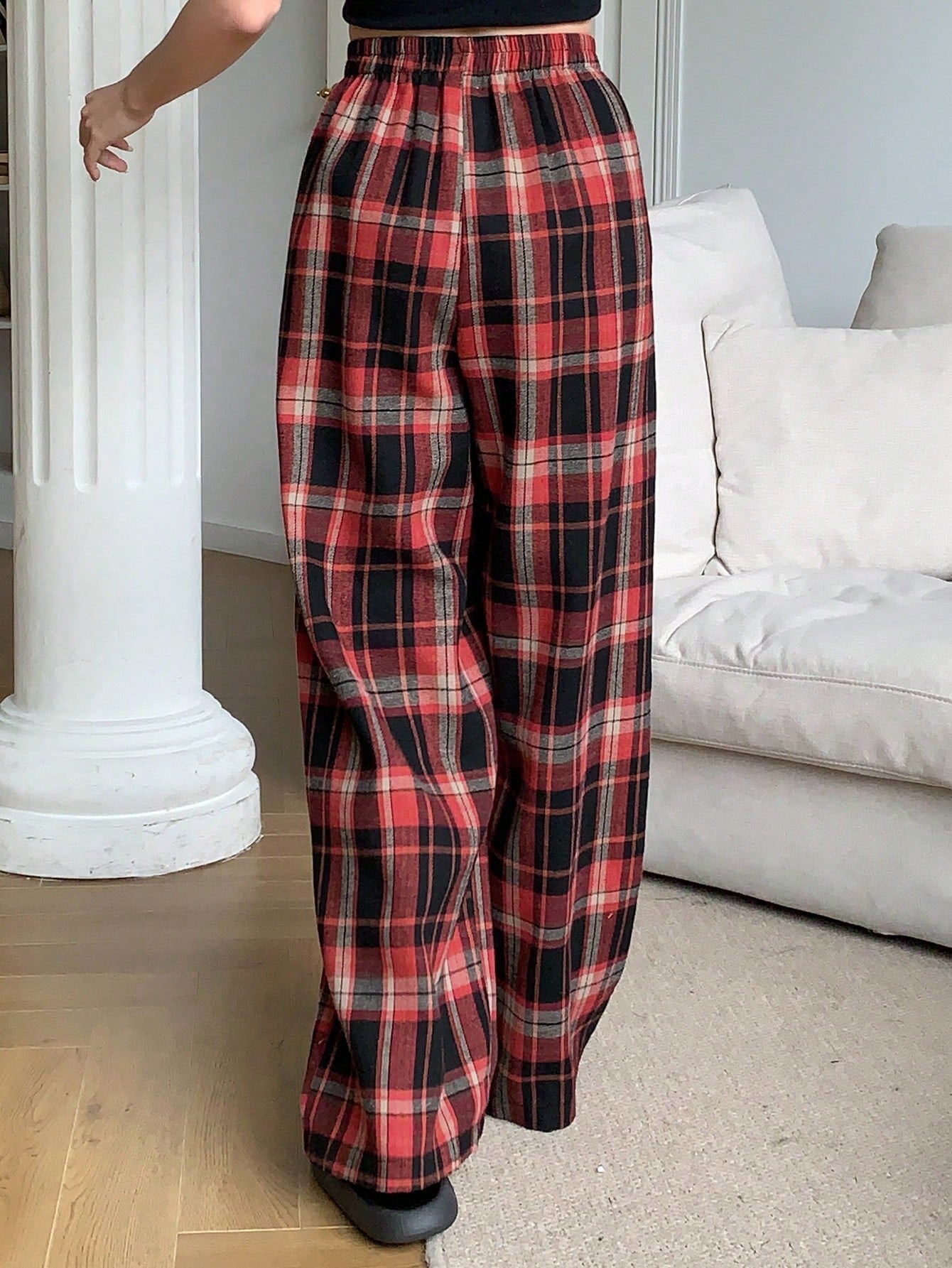 Livesso Plaid Elastic Waist Casual Loose Comfortable Homewear Pants, Fall