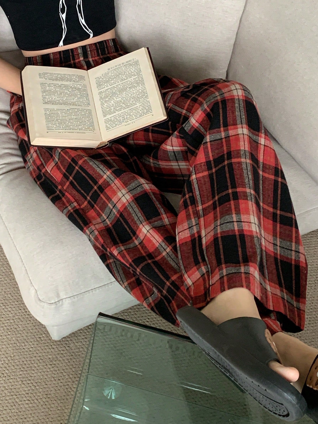 Livesso Plaid Elastic Waist Casual Loose Comfortable Homewear Pants, Fall