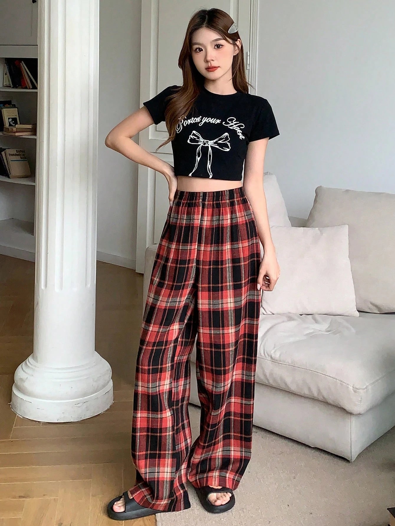 Livesso Plaid Elastic Waist Casual Loose Comfortable Homewear Pants, Fall