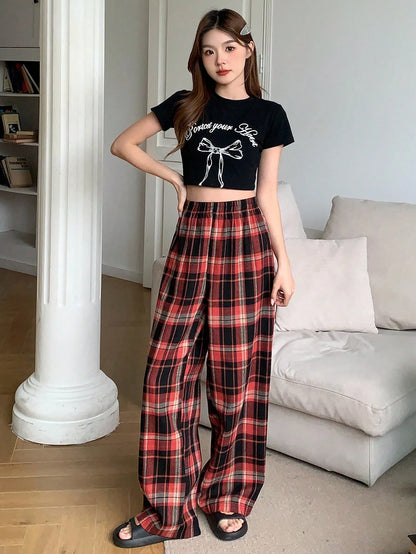 Livesso Plaid Elastic Waist Casual Loose Comfortable Homewear Pants, Fall