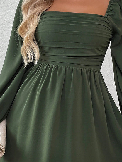 SHEIN LUNE Women Casual Solid Color Lantern Sleeve Smocked Waist Dress, Autumn Fall Cloth For Women