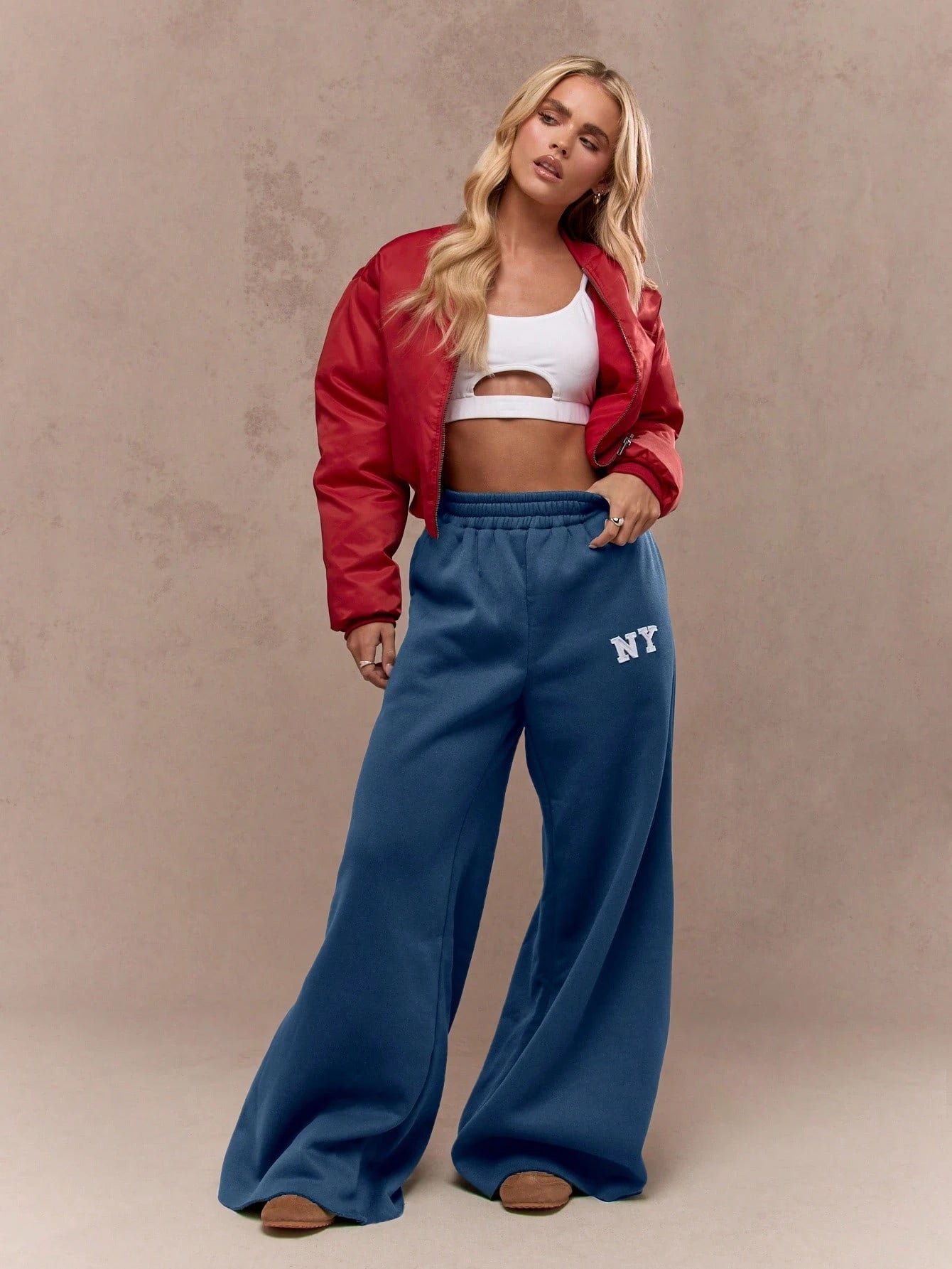 MISSGUIDED Extra Long Wide Leg Collegiate Athletic Track Pants Flare Varsity NY Logo Elastic Waist High Rise Sport Bottoms Fall Winter Lounge Sweatpants