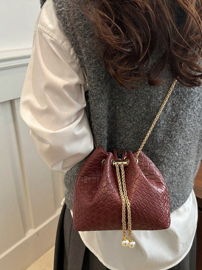 Fashion Solid Color Hollow Out Woven Chain Drawstring Mini Crossbody Bucket Bag