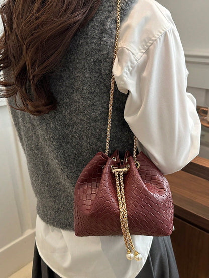 Fashion Solid Color Hollow Out Woven Chain Drawstring Mini Crossbody Bucket Bag