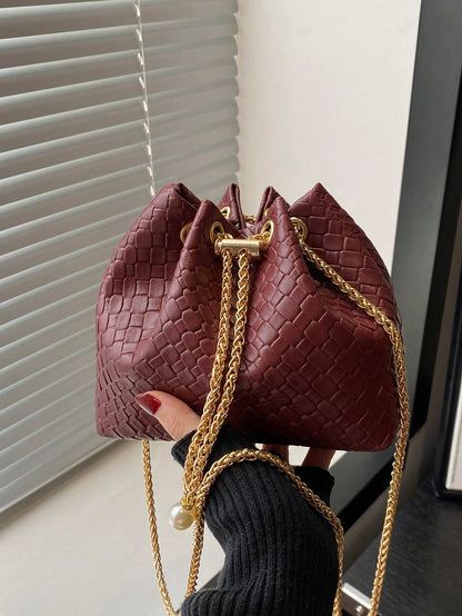 Fashion Solid Color Hollow Out Woven Chain Drawstring Mini Crossbody Bucket Bag