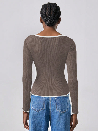 RosyDaze Contrast Binding Sweetheart Neck Ribbed Knit Sweater,Long Sleeve Tops Knit Pullover Fall Winter Outfit