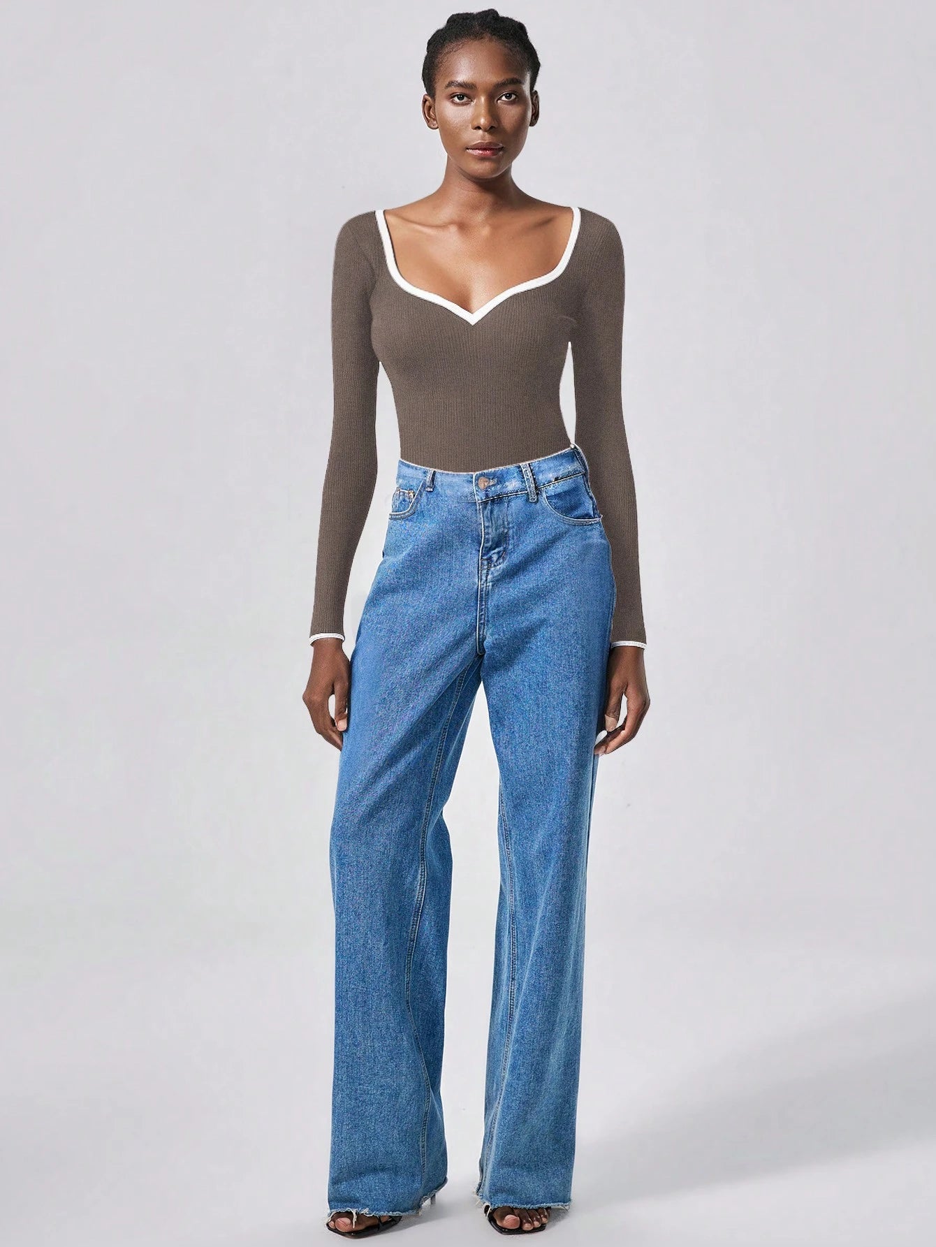 RosyDaze Contrast Binding Sweetheart Neck Ribbed Knit Sweater,Long Sleeve Tops Knit Pullover Fall Winter Outfit