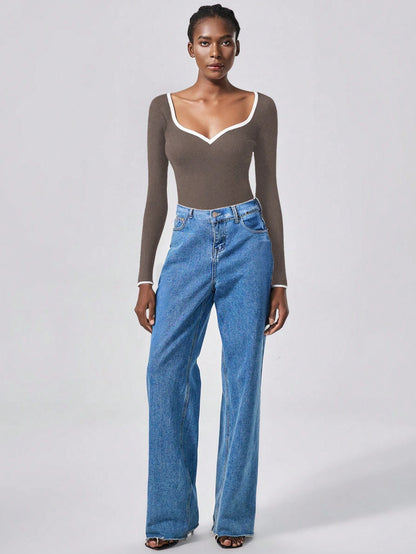 RosyDaze Contrast Binding Sweetheart Neck Ribbed Knit Sweater,Long Sleeve Tops Knit Pullover Fall Winter Outfit