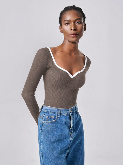 RosyDaze Contrast Binding Sweetheart Neck Ribbed Knit Sweater,Long Sleeve Tops Knit Pullover Fall Winter Outfit