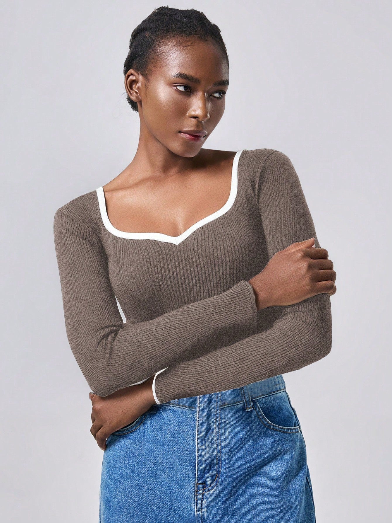 RosyDaze Contrast Binding Sweetheart Neck Ribbed Knit Sweater,Long Sleeve Tops Knit Pullover Fall Winter Outfit