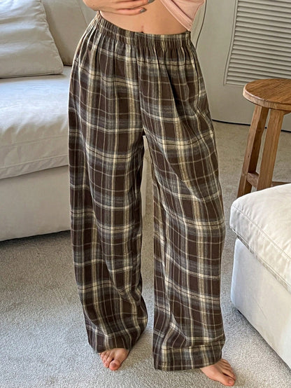 Livesso Plaid Elastic Waist Casual Loose Comfortable Homewear Pants, Fall