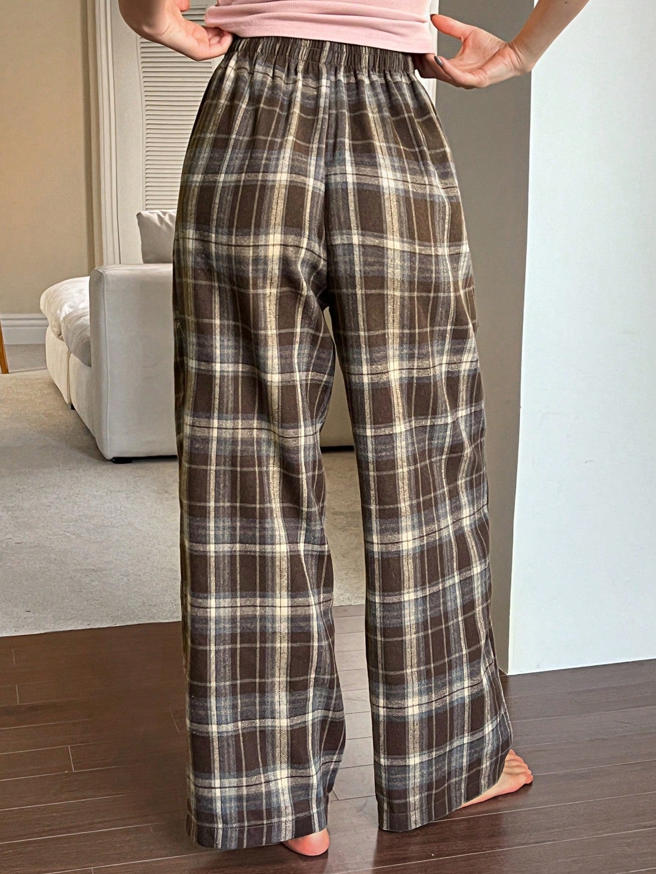 Livesso Plaid Elastic Waist Casual Loose Comfortable Homewear Pants, Fall