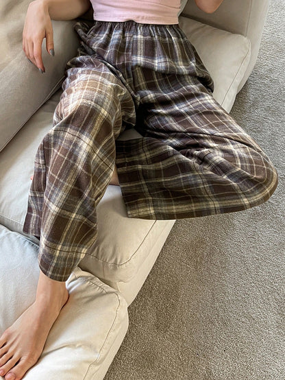 Livesso Plaid Elastic Waist Casual Loose Comfortable Homewear Pants, Fall