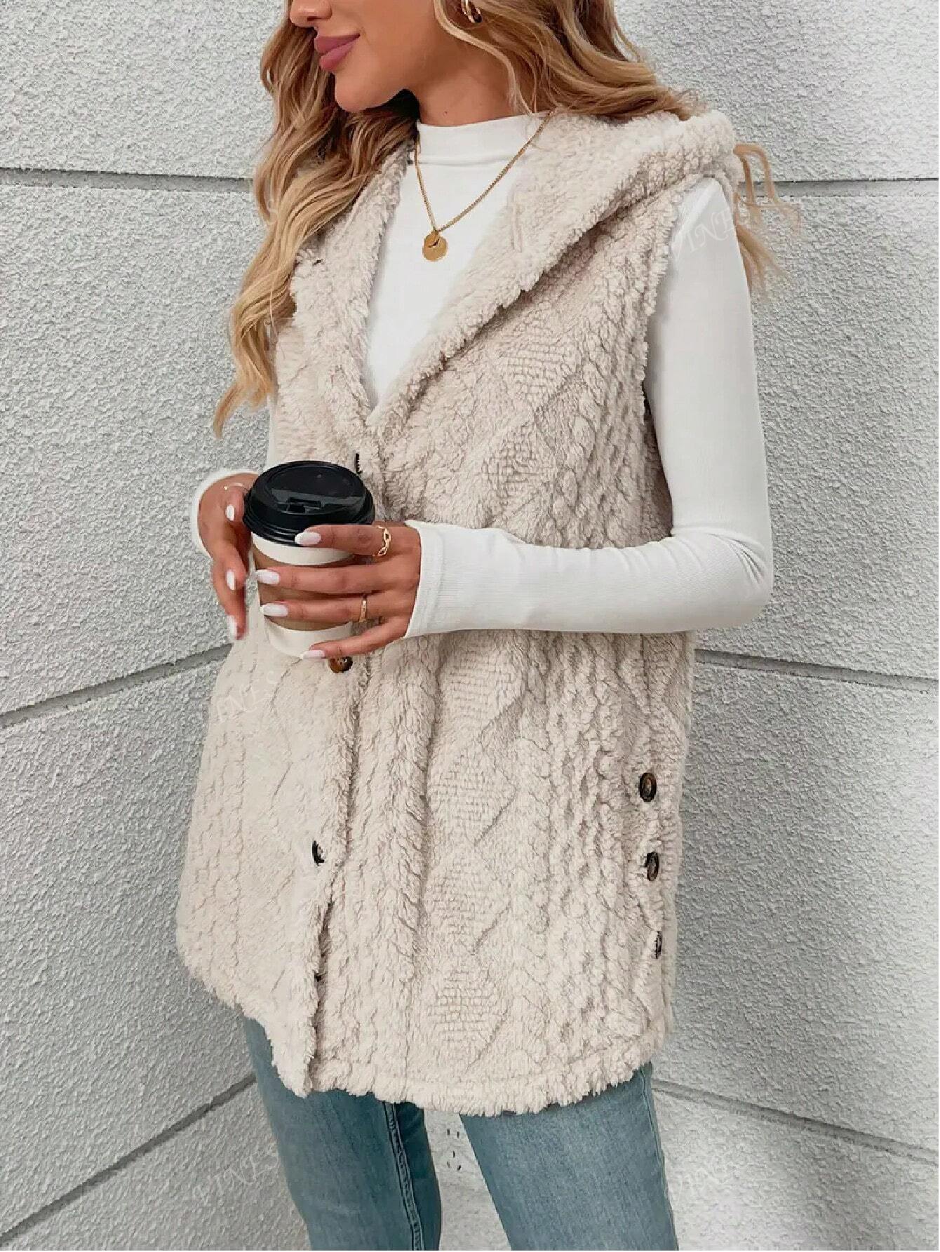 Solid Color Sleeveless Hooded Fluffy Coat For Women, New Autumn/Winter