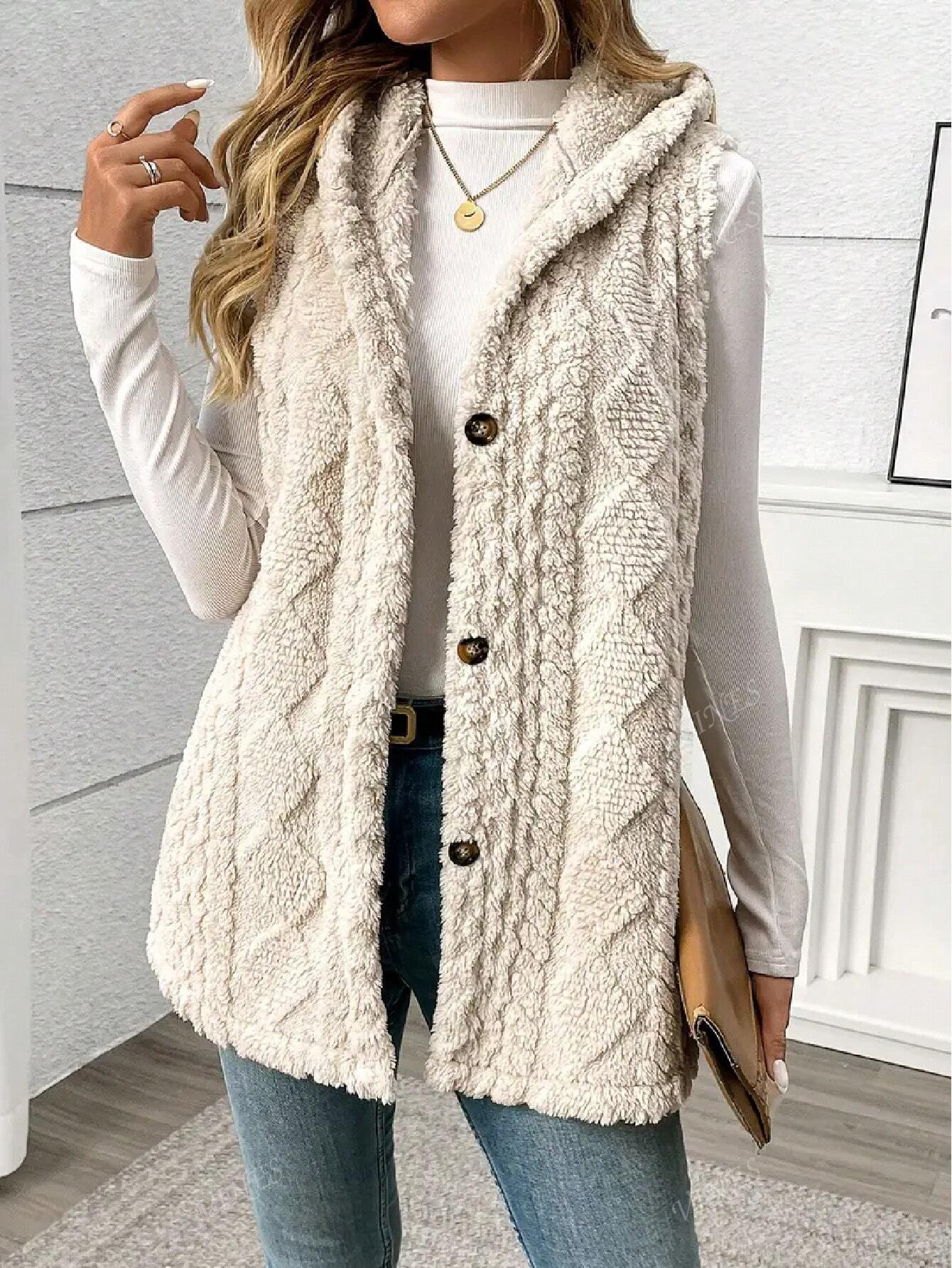 Solid Color Sleeveless Hooded Fluffy Coat For Women, New Autumn/Winter