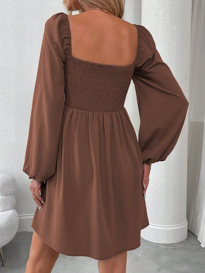 SHEIN LUNE Women Casual Solid Color Lantern Sleeve Smocked Waist Dress, Autumn Fall Cloth For Women