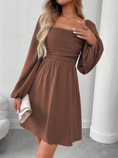 SHEIN LUNE Women Casual Solid Color Lantern Sleeve Smocked Waist Dress, Autumn Fall Cloth For Women
