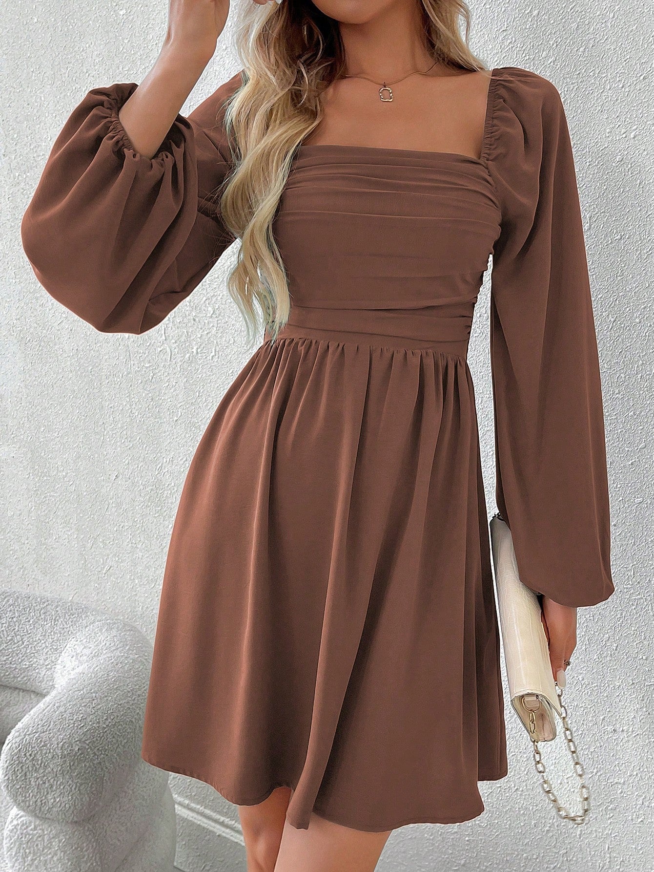 SHEIN LUNE Women Casual Solid Color Lantern Sleeve Smocked Waist Dress, Autumn Fall Cloth For Women