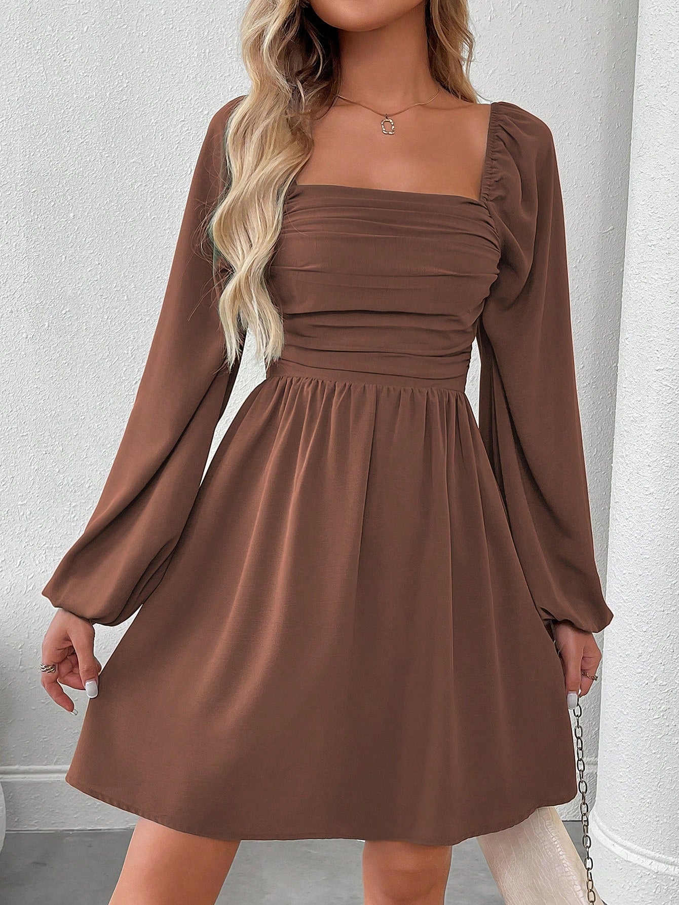 SHEIN LUNE Women Casual Solid Color Lantern Sleeve Smocked Waist Dress, Autumn Fall Cloth For Women