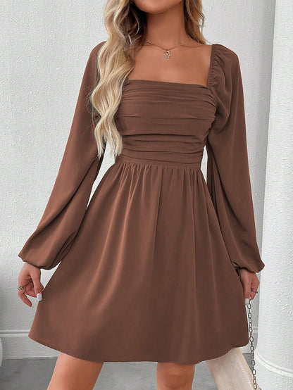 SHEIN LUNE Women Casual Solid Color Lantern Sleeve Smocked Waist Dress, Autumn Fall Cloth For Women