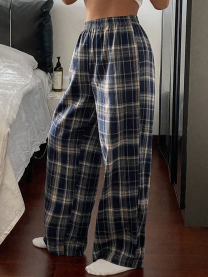 Livesso Plaid Elastic Waist Casual Loose Comfortable Homewear Pants, Fall